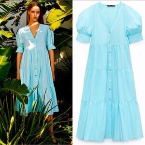 Zara Baby Blue Button Down Baby Doll Midi Dress Size L